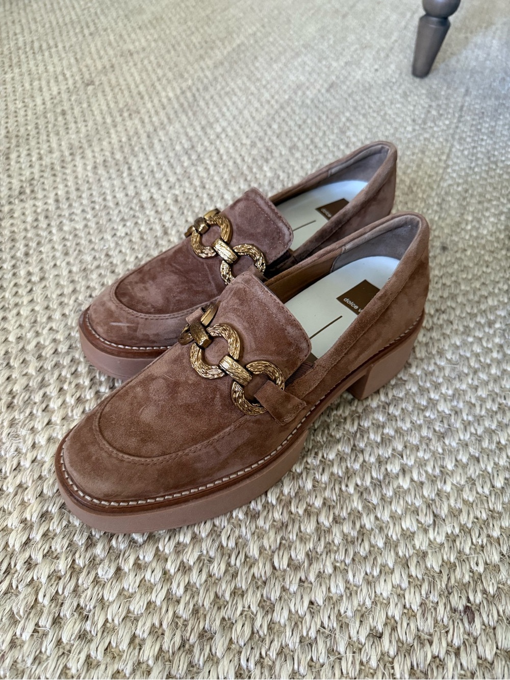 Dolce Vita Brown Suede Loafers with Gold Chain Accent